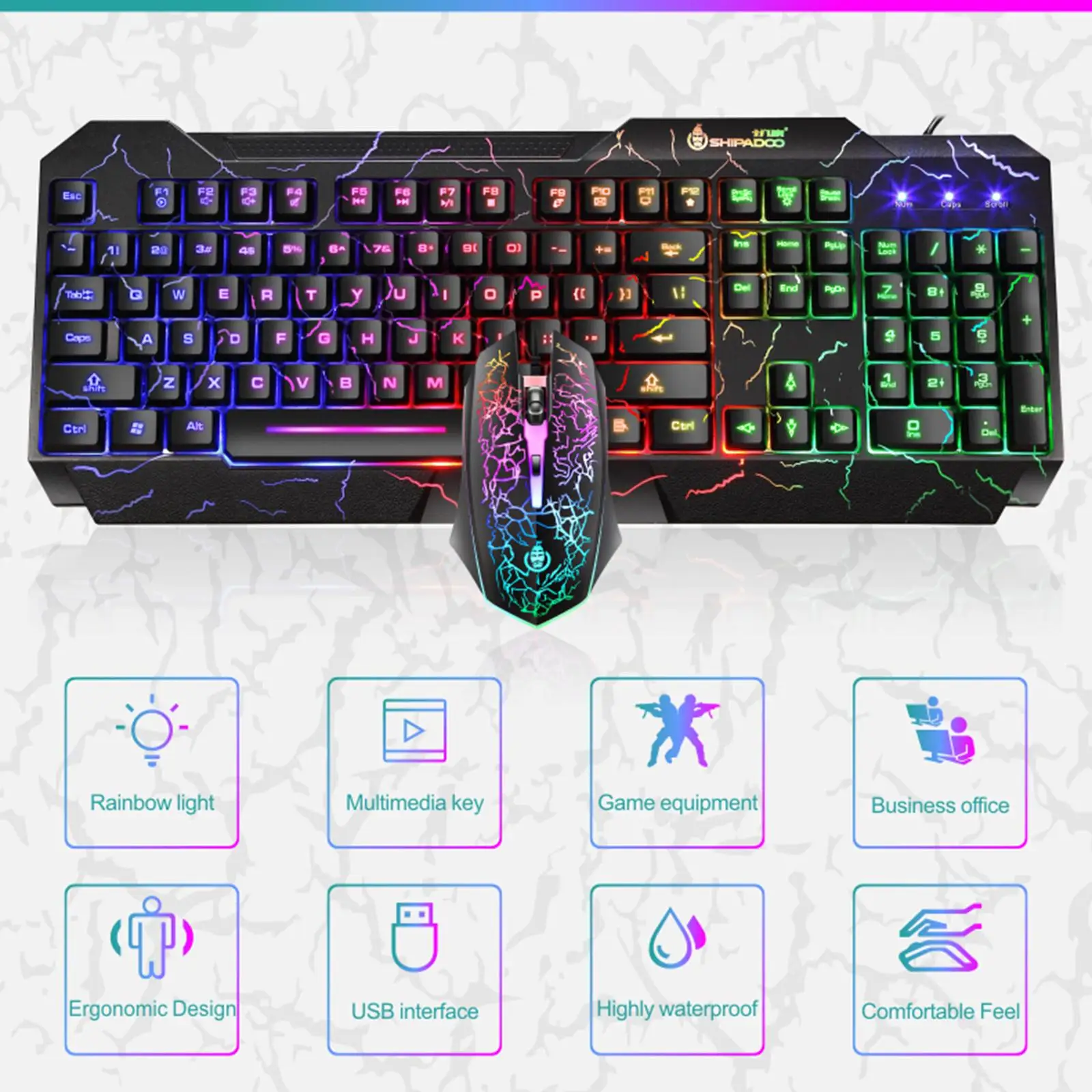 Mechanical Gaming Keyboard Combo, Rainbow LED Backlit, USB Keyboard Compatible with Windows PC Computer Gamer Black