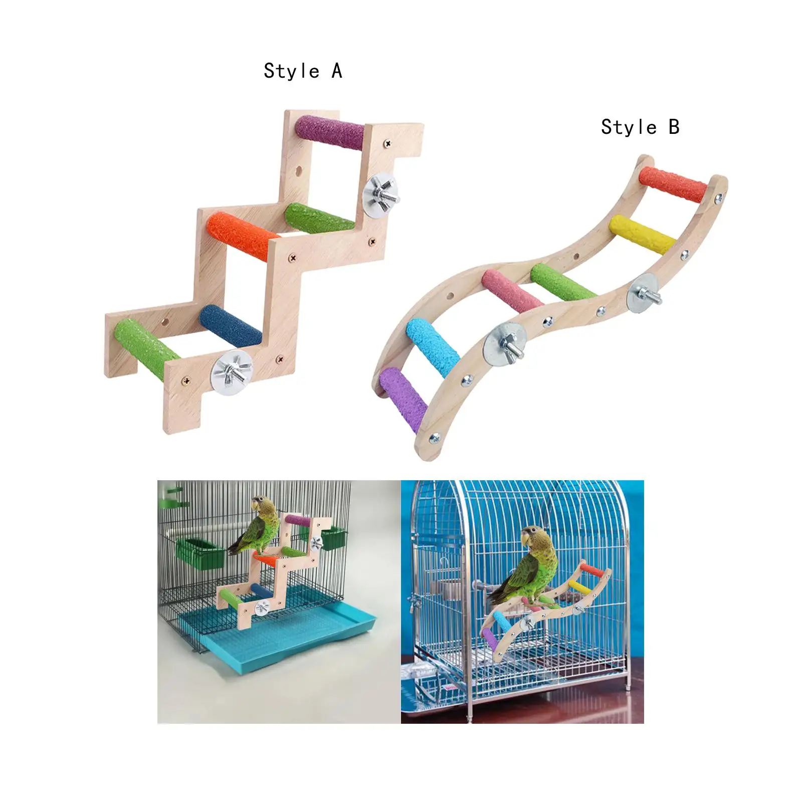 Bird Cage Ladder Cage Accessories Solid Wood Colorful Bird Perches for Cage for Finch Parakeets Parrots Conures Cockatiels