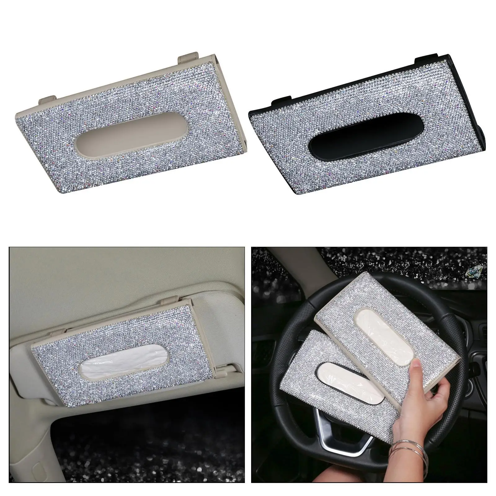 Car Visor Tissue Holder Clip PU Leather Crystals Paper Towel Cover Box