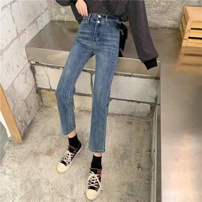 hollister jeans DD1454  New retro high-waisted slim nine-point straight-leg pants washed all-match jeans boyfriend jeans