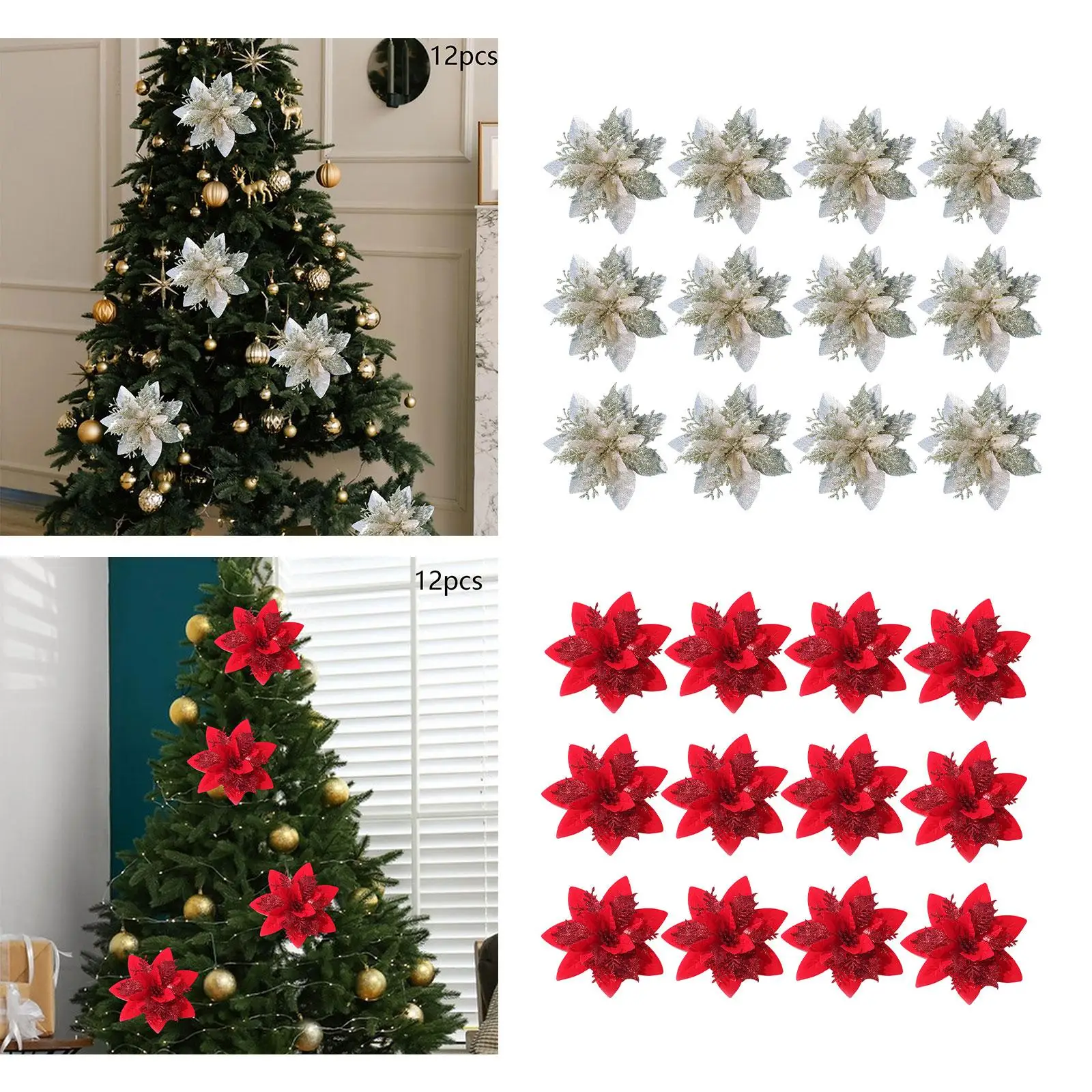 12x Glitter Christmas Flowers, Artificial Flowers Heads Christmas Tree Flower Decorations for Holiday Xmas Garland DIY Wreath
