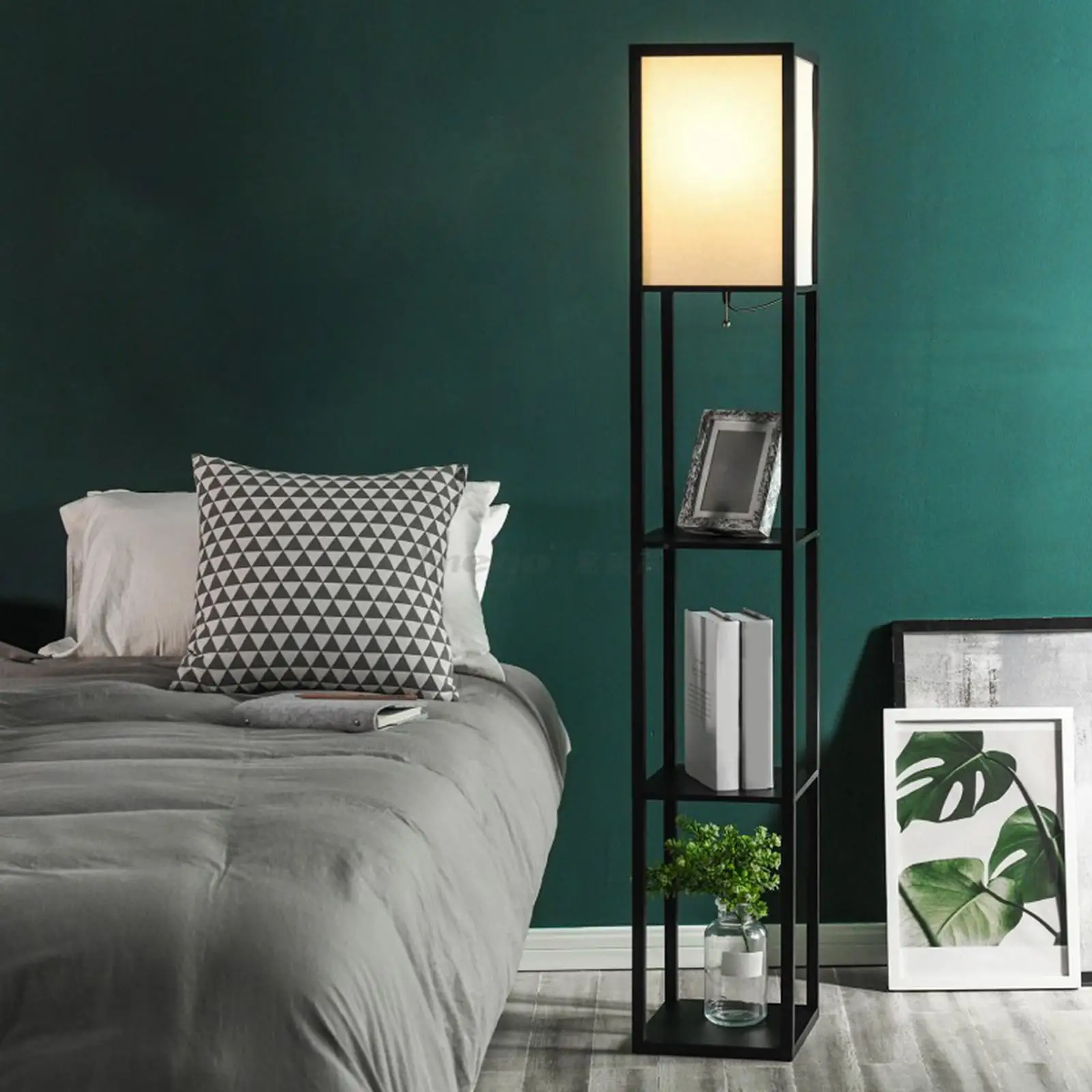 Shelf Floor Lamp with 3 Display Storage Shelves Organizer Simple Standing 4 Tier for NightStand Bedside Reading Indoor Bedroom