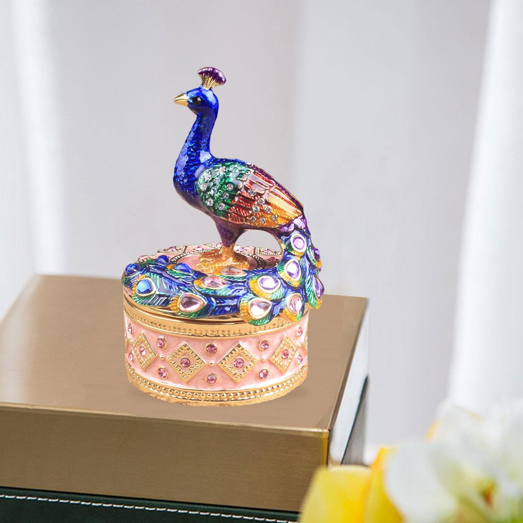 Enameled Peacock Jewellery Box Desktop Storage Organizer Jeweled Storage Box