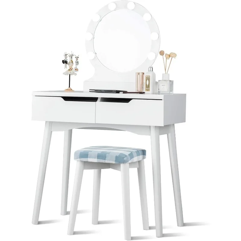 Se3fbab4d086f4b3bb7a5b3e80cf712aeU Giantex Vanity Set with Round Lighted Mirror, Makeup Dressing Table, Bedroom Makeup Table with Cushioned Stool ,Vanity Table