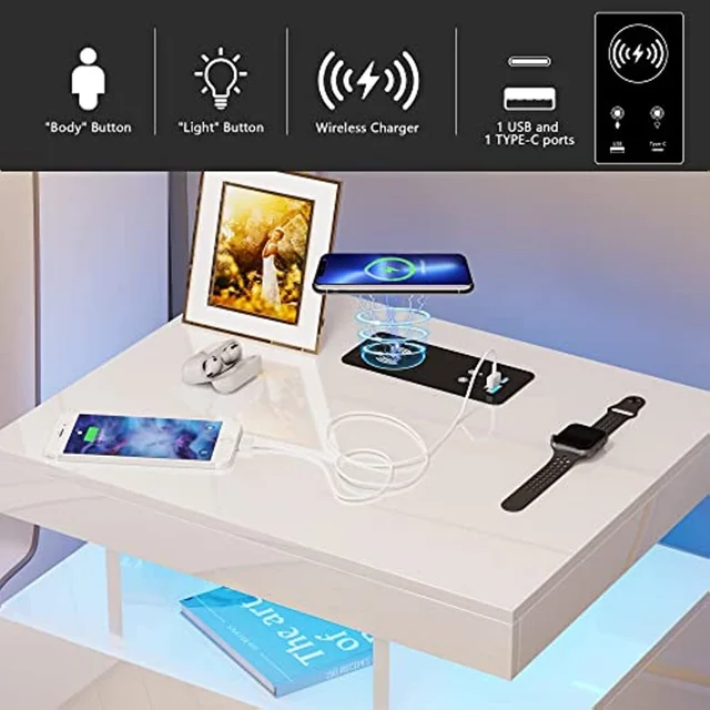 HNEBC Auto LED Nightstand with Charging Station, Smart Night Stand with  Wirelss/USB/Type-C, Bedside Table with Body Sensing Lights (White)