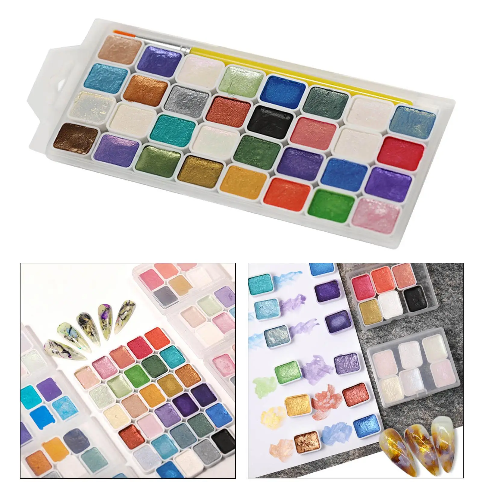 Glitter 32 Colors Solid Watercolor Paints Set Marble Ink Effect Pigments Natural Artificial Nails Gouache Paint Set for Students