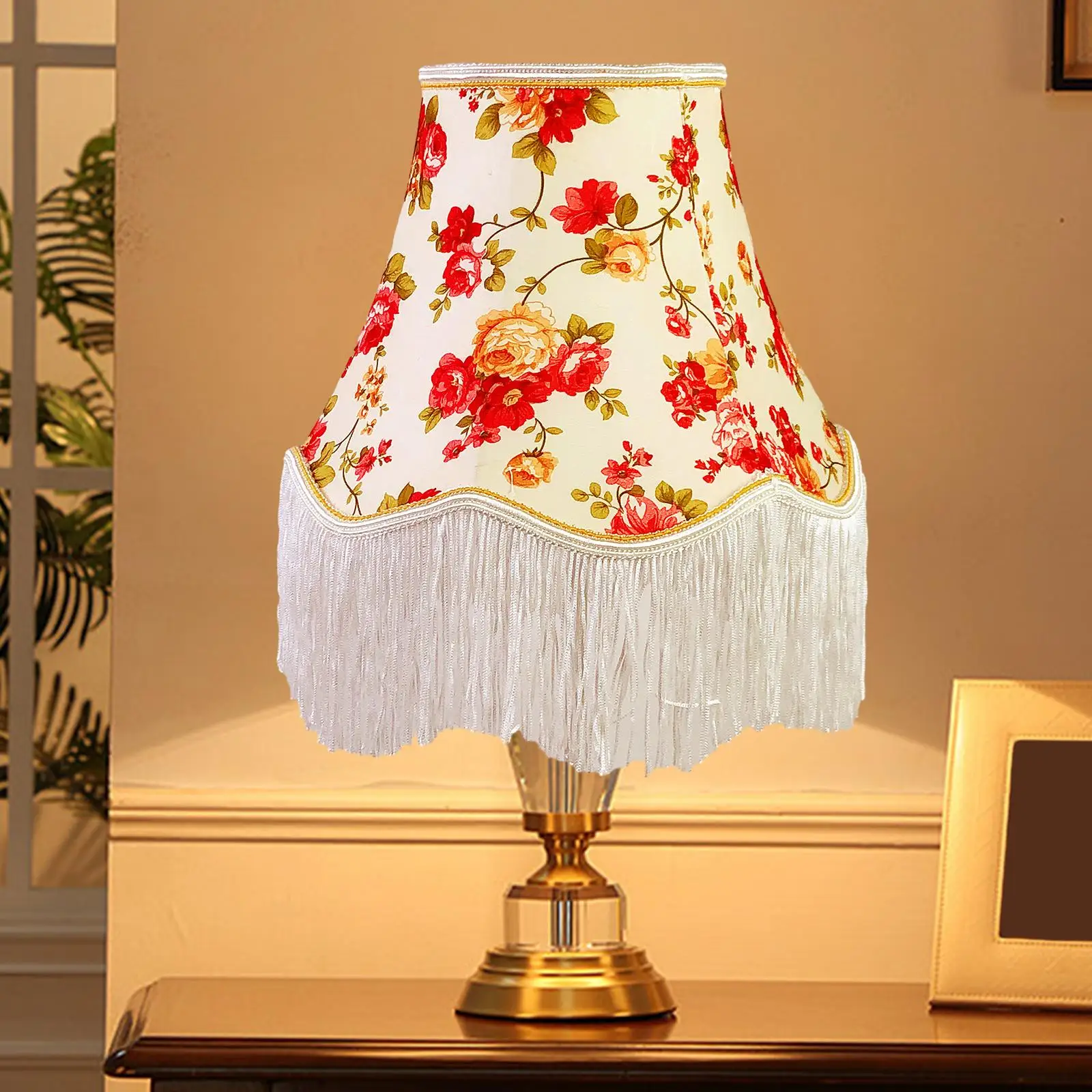 European Lampshade Lamp Shade with Fringe for Desk Lamp Replacement Retro Cloth Art Bead Lace Lampshade for Home Cafe
