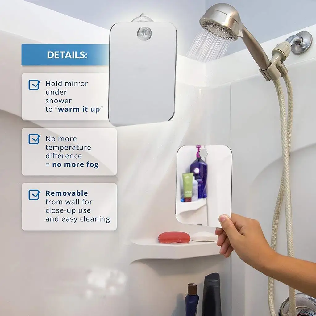 Portable Anti-Fog Shower Shaving Mirror w/ Suction Hook Shatter Proof 17x13cm