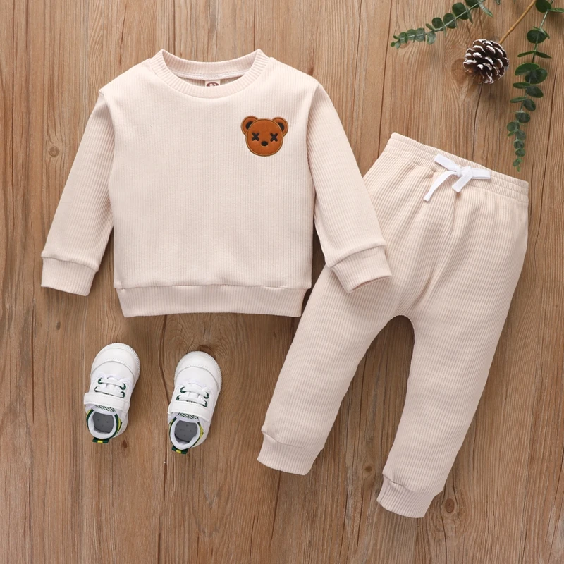 Lovely Autumn Kids Child Clothes Sets for Boy Girls Solid Ribbbed Long Sleeve Embroidered Bear Sweatshirts+Long Pants Tracksuits