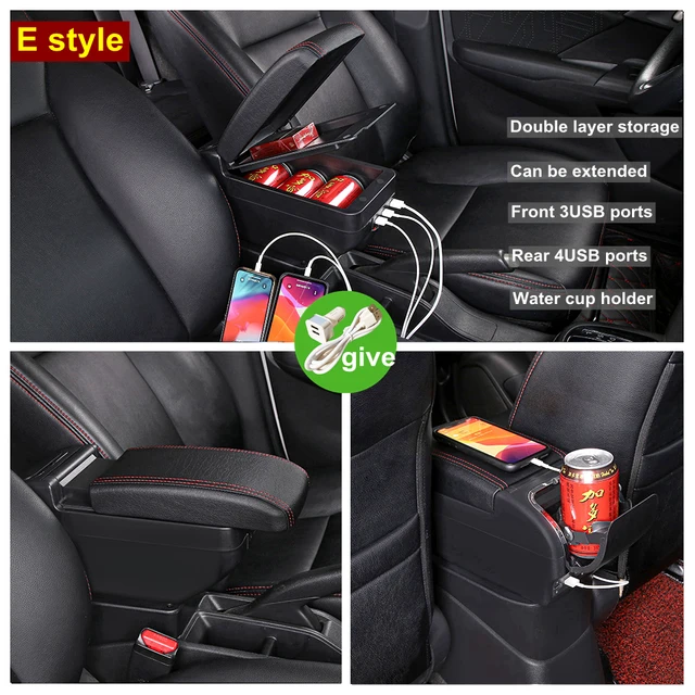  Caja para reposabrazos central de coche con puerto USB, doble  capa, de piel sintética, soporte para tazas, cenicero, accesorios  interiores, reposabrazos de coche para Ford Fiesta 2009-2017 (color: C1) :  Automotriz