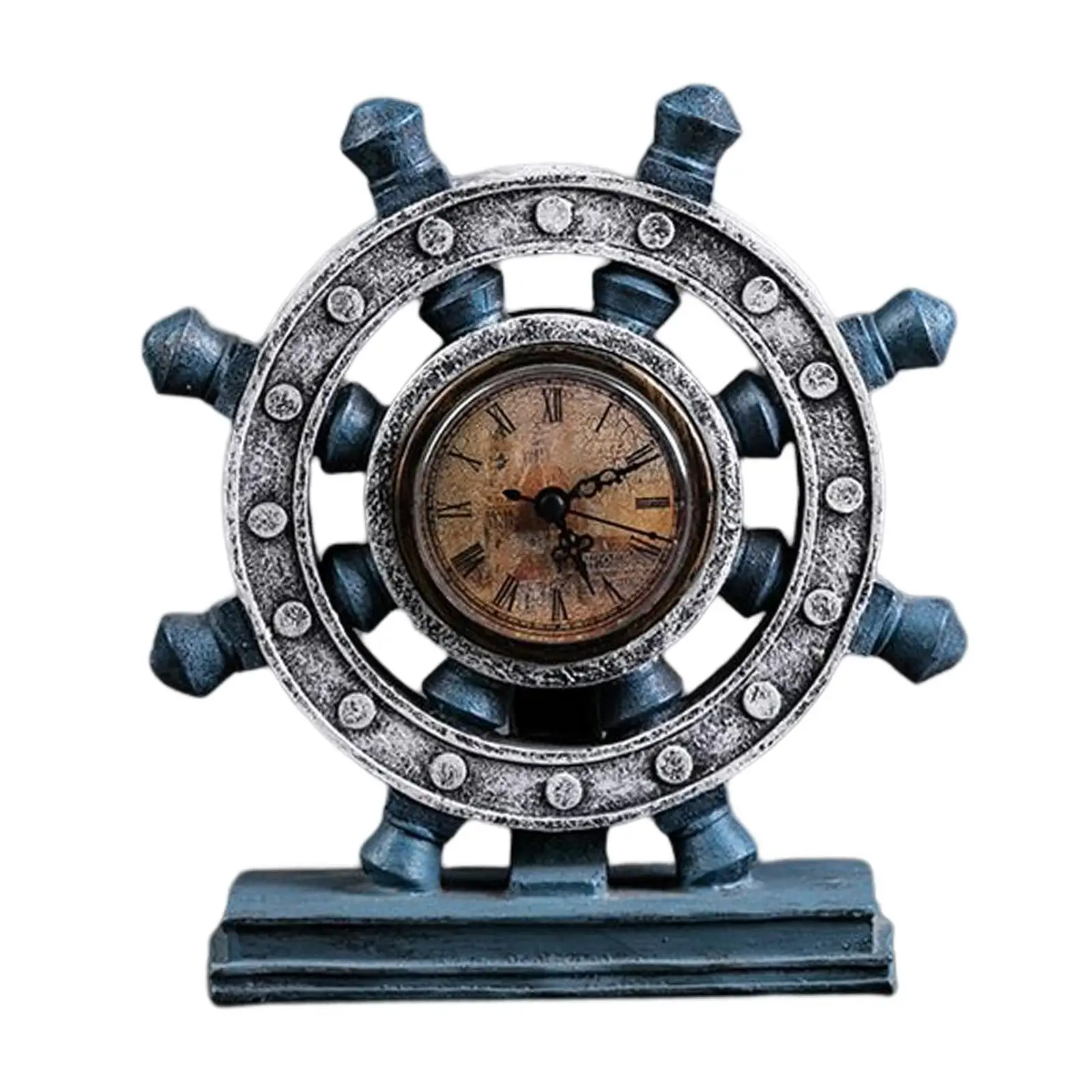 Vintage Style Desk Clock Ship Wheel Silent Rudder Beach Sea Theme Nautical for Mantel Laundry Bedroom Office Decor