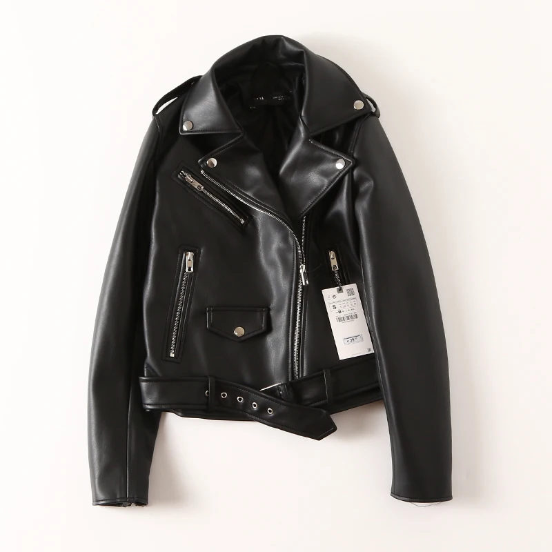 Women Black Leather Jacket Spring Autumn Lapel Short Moto Biker Coat Female Slim Long Sleeve Streetwear Faux Leather Jackets