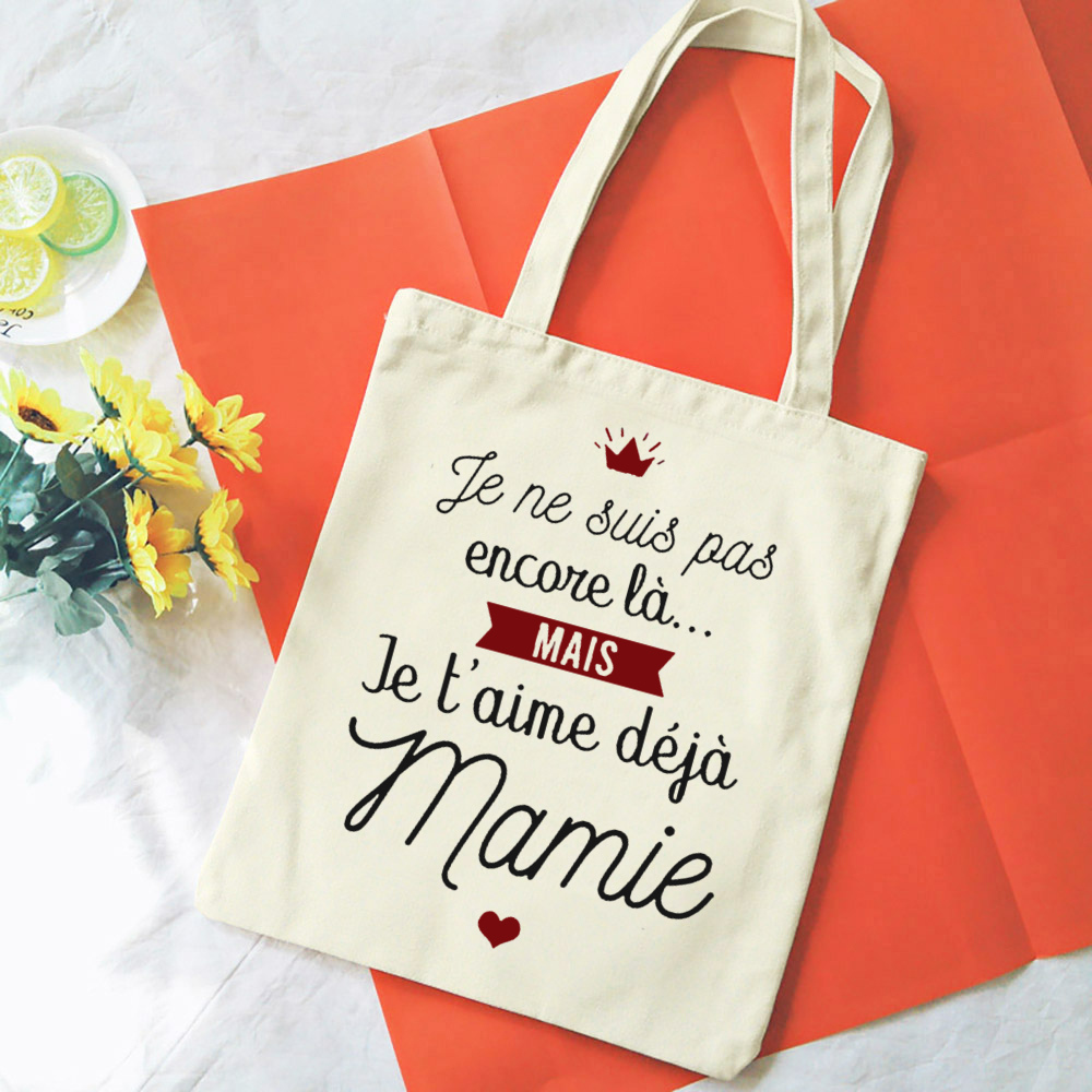 Französische Mamie-Druck-Schultertaschen aus Segeltuch, weibliche Einkaufstaschen, Damen-Reisehandtaschen, umweltfreundliche, wiederverwendbare Aufbewahrungstasche, Geschenke für Oma – Detail 9