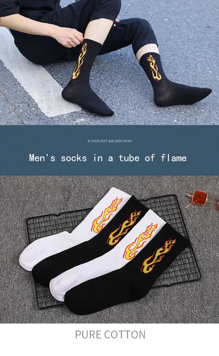 1 Paar neue Trend der Herrensocken Schwarz Weiß Burning Flame Hip-Hop Blaze Power Torch Hot Streetwear Skateboard – Detail 4