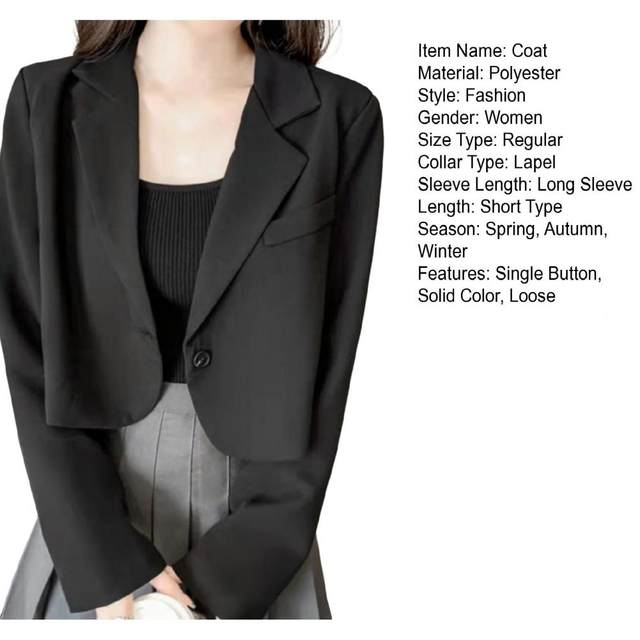 Short Blazer Notched Collar Polyester Pant Suit - Black