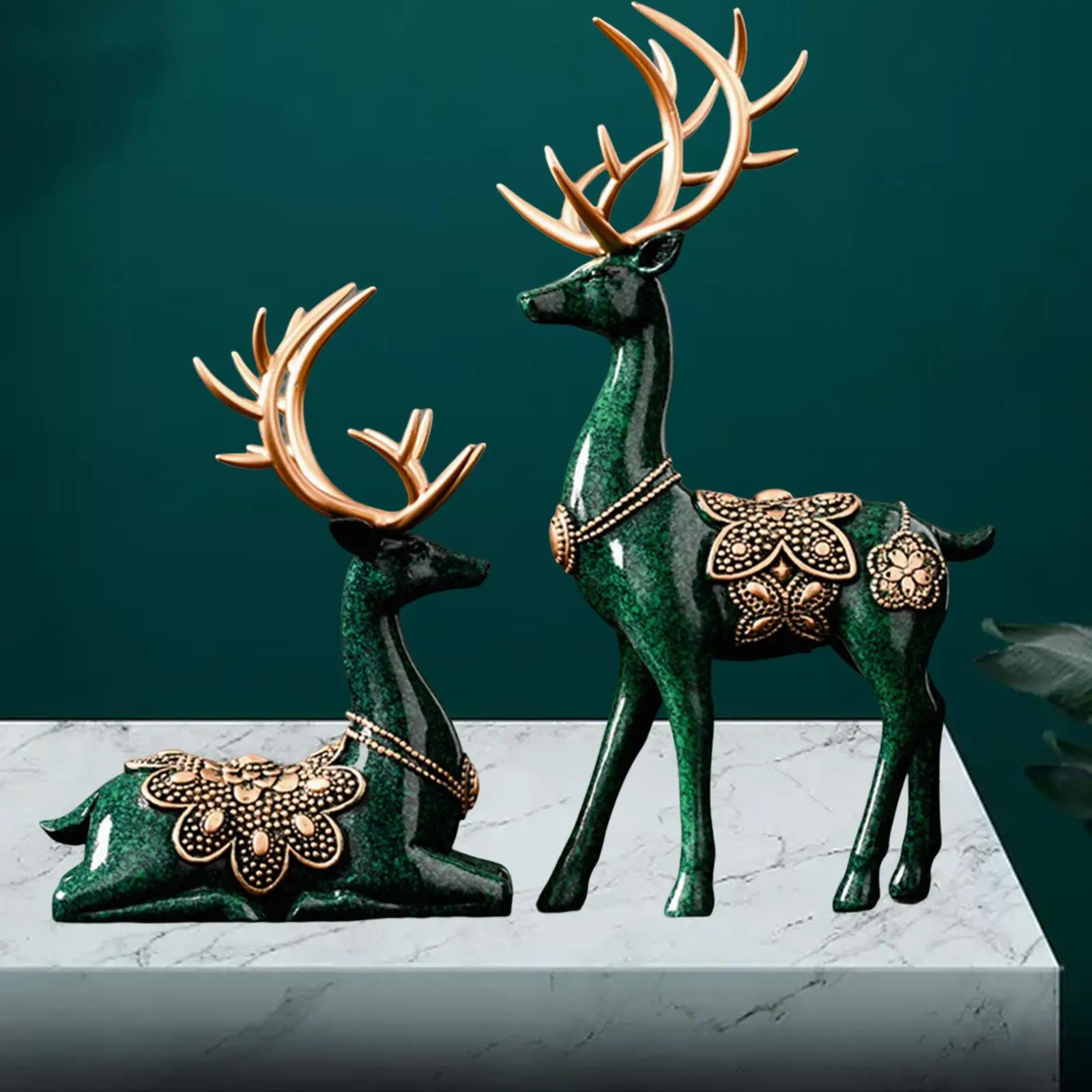 2x Deer Figurines Decors Reindeer Sculptures Cabinet Elk Statues