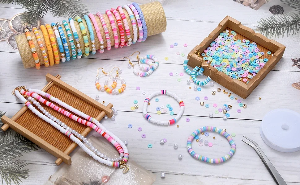 clay bead bracelet kit pearl beads polymer flat round pink pastel seed gold kandi spacer