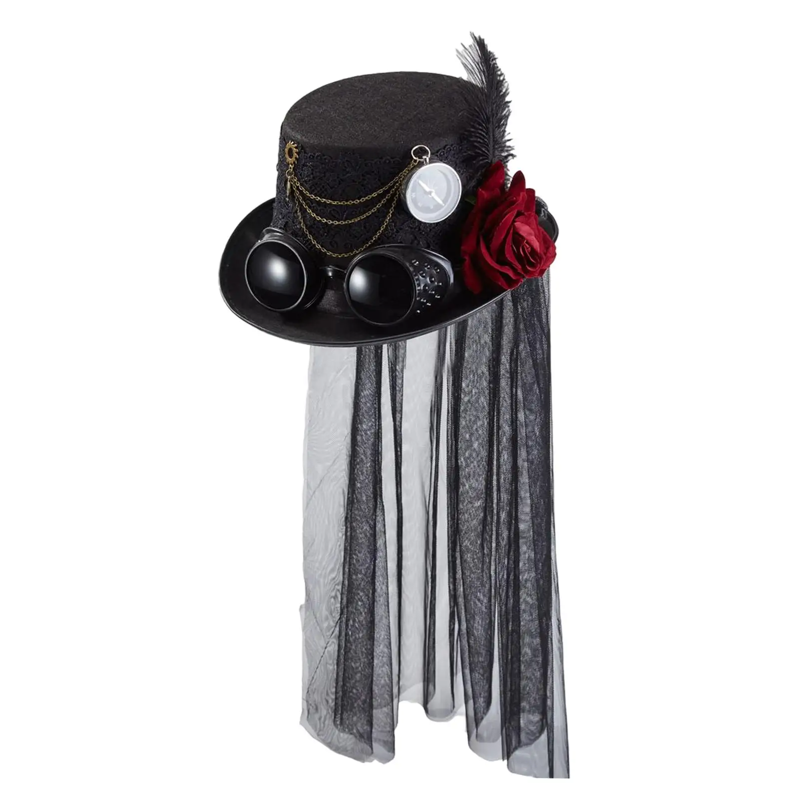 Steampunk Top Hat Gothic Vintage Head Gear Flower Feather Decorative with Goggles Headband Headwear Fedoras for Supplies Adult