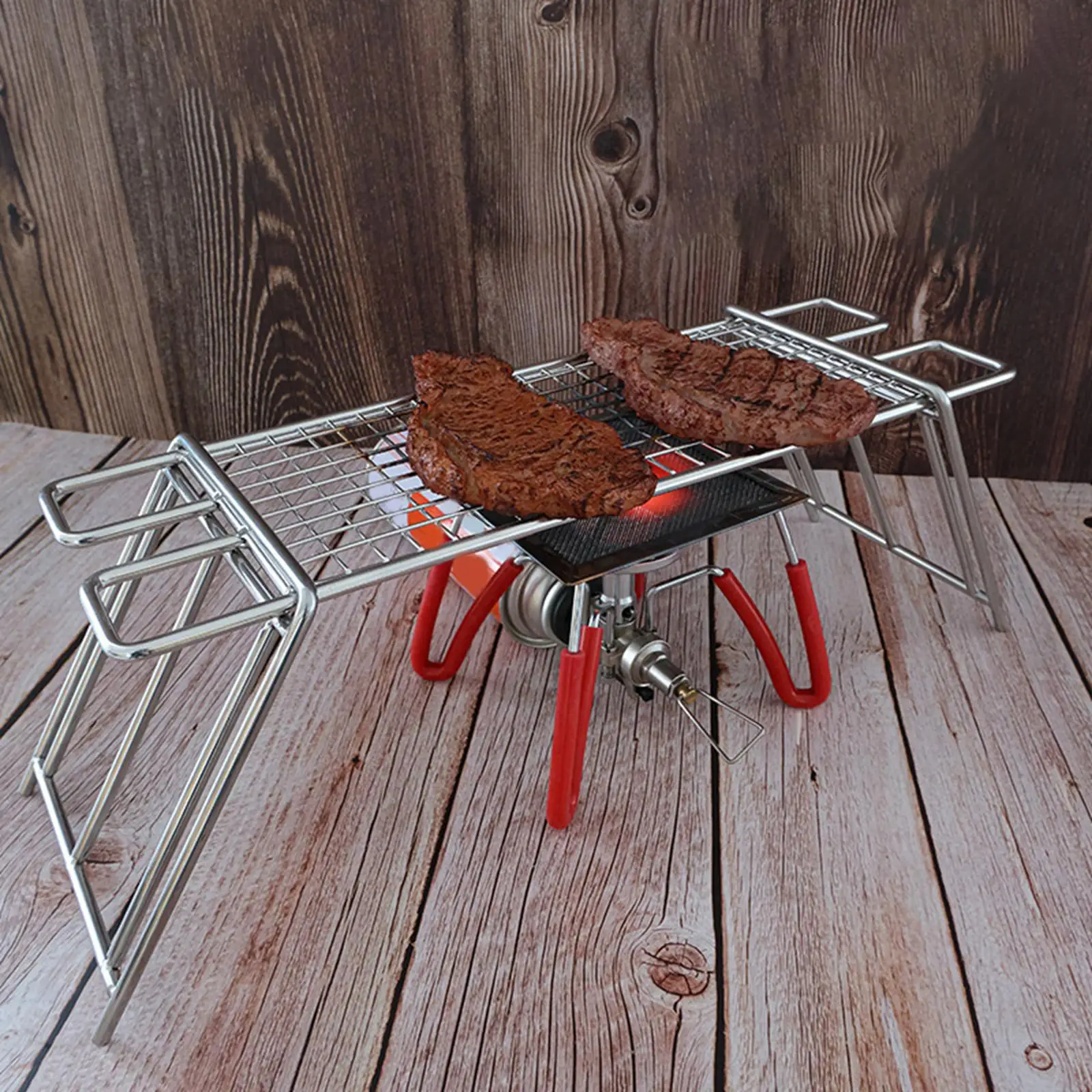 Barbecue Grill Pot Rack Foldable Leg Design Adjustable Height Cookware BBQ Net Mesh Rack for Hiking Picnics Traveling Fishing