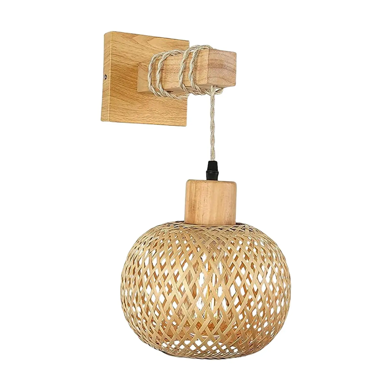 Retro Rattan Wall Sconce Light Fixture Rustic Bamboo Hand Woven for Bedroom