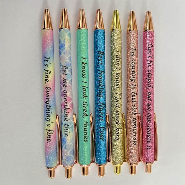 7Pcs grandi penne per la firma del corpo in plastica Glitter Shell 7 Days Mood  penne a sfera con parole Passive Negative per esprimere la Mentality