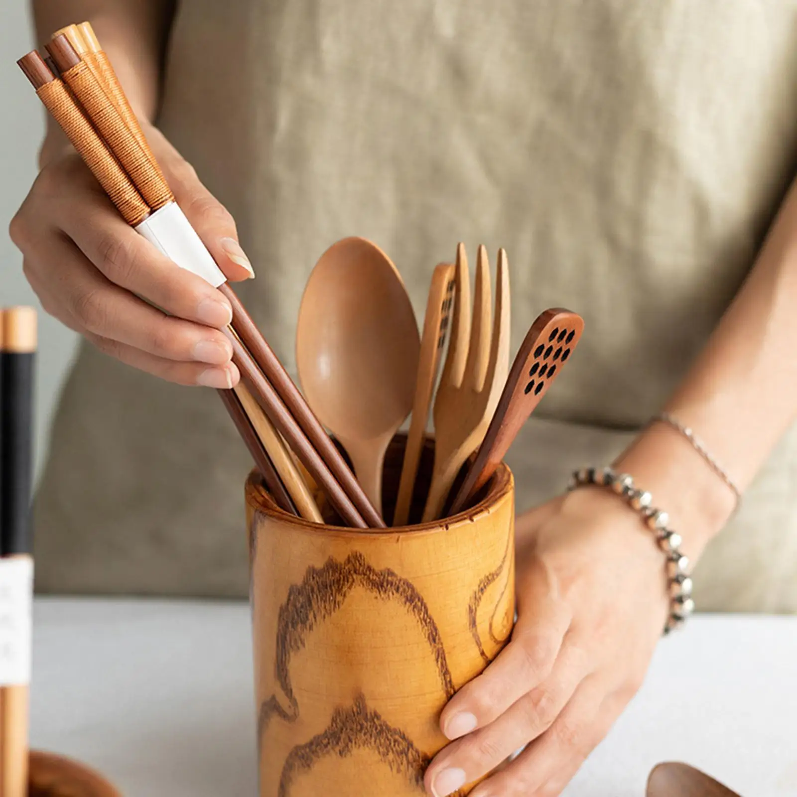 Wooden Utensil Holder Chopsticks Barrel Standing Pen Case for Kitchen