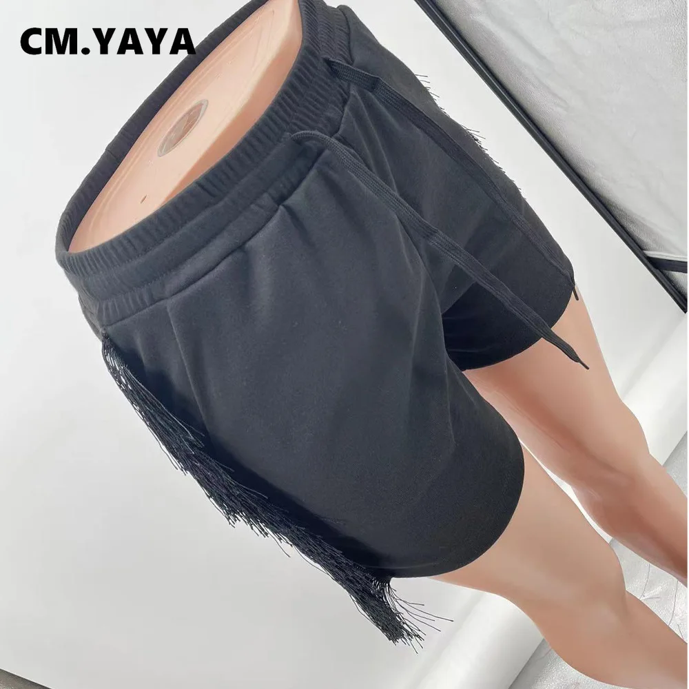 CM.YAYA Active Elegant Tassel Side Shorts for Women 2022 Summer Elastic Waist Basic Sport Street Short Pants Trousers bike shorts