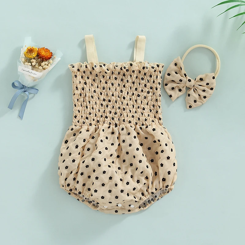 Lovely Infant Baby Girls Summer Rompers Newborn Clothes Suits Sleeveless Floral Print Elastic Rompers Jumpsuits Headband Outfits Baby Jumpsuit Cotton 