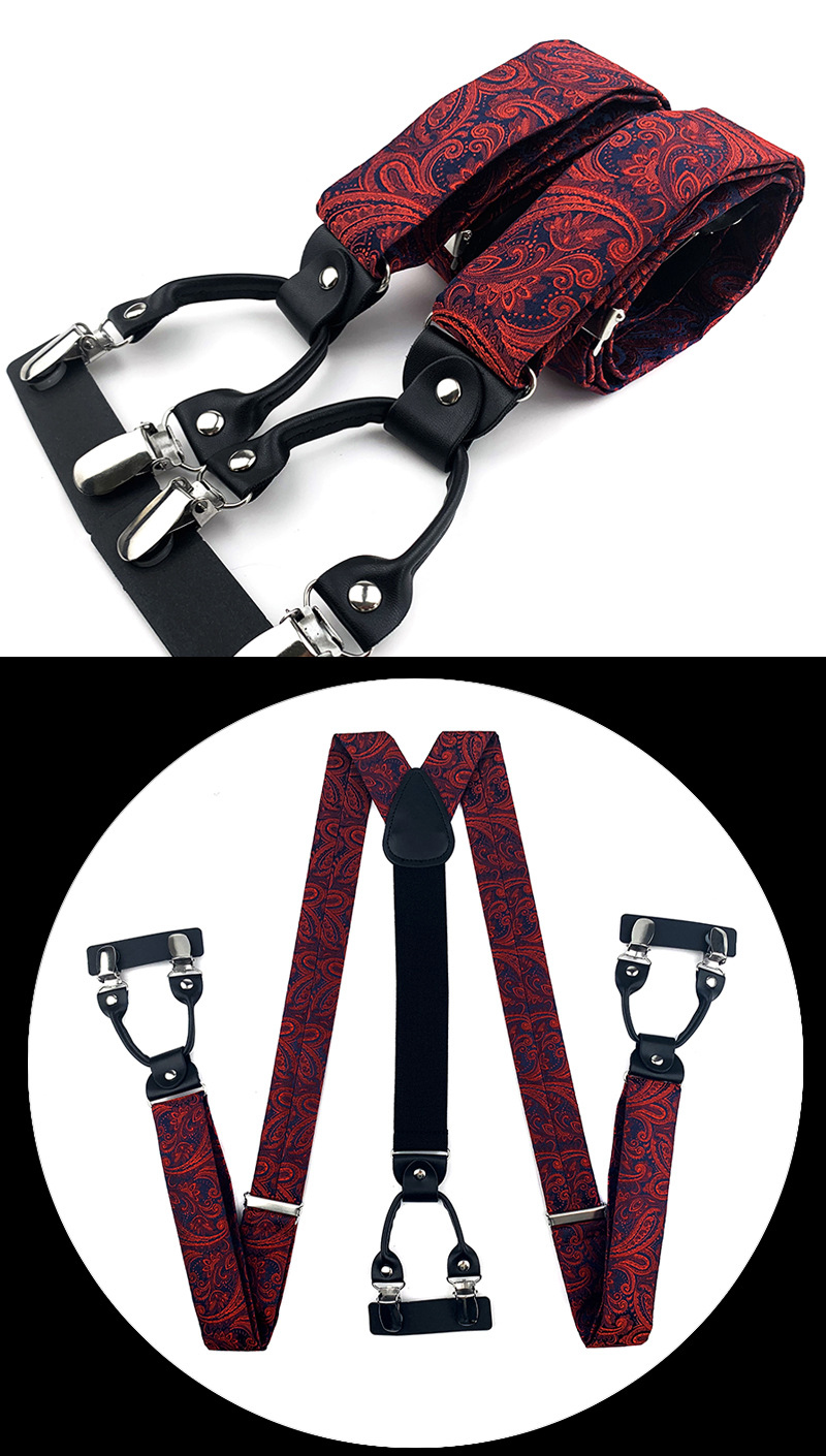 VEEKTIE Brand Suspender For Men 6 Snap Hooks Y-back Adjustable Jacquard Floral Check Shirts Paisley Yellow Blue Vintage Retro