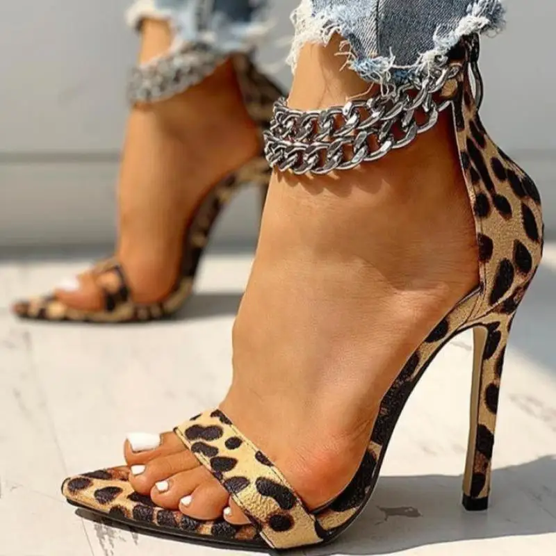 best heels shoes New Women Office Pumps Metal Decoration Chain Open Toe Thin Heels Sandals Leopard Fashion Stylish Shoes heels shoes best of sale