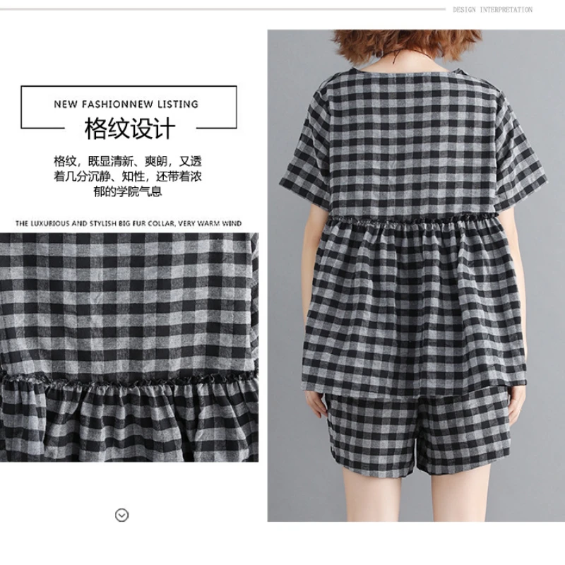 2022 Summer Suit T-shirt Shorts Women's Loose and Thin Black and White Plaid Fashion Casual Short-sleeved Women's Two-piece Suit womens loungewear