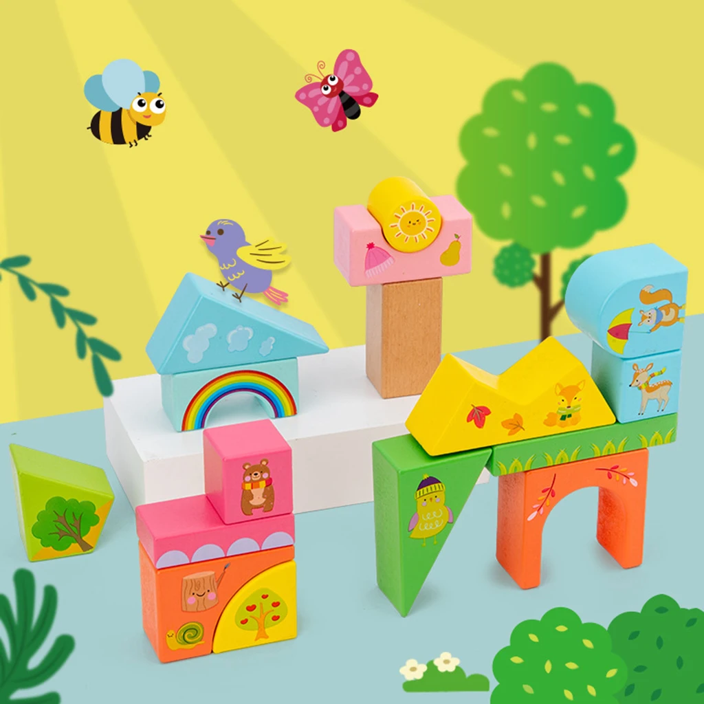 16 Pieces Wooden Building Block Stacking Toy for Baby 2+ Kids Preschool