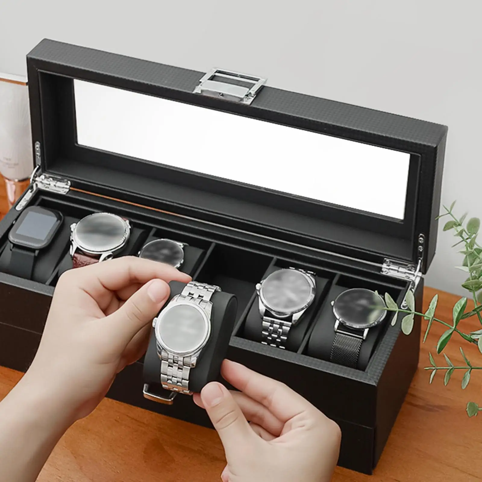 Watch Box Holder W/Jewelry Drawer Watch Showcase Glass Top Metal Hinge