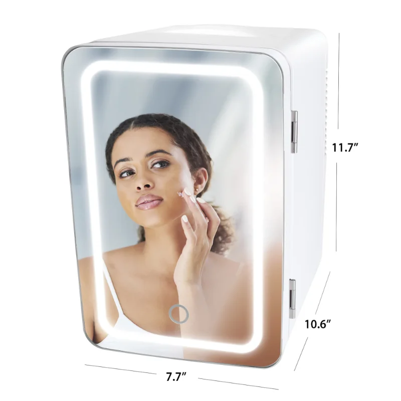 Premium Photo  Mini fridge with cosmetic products on white vanity table