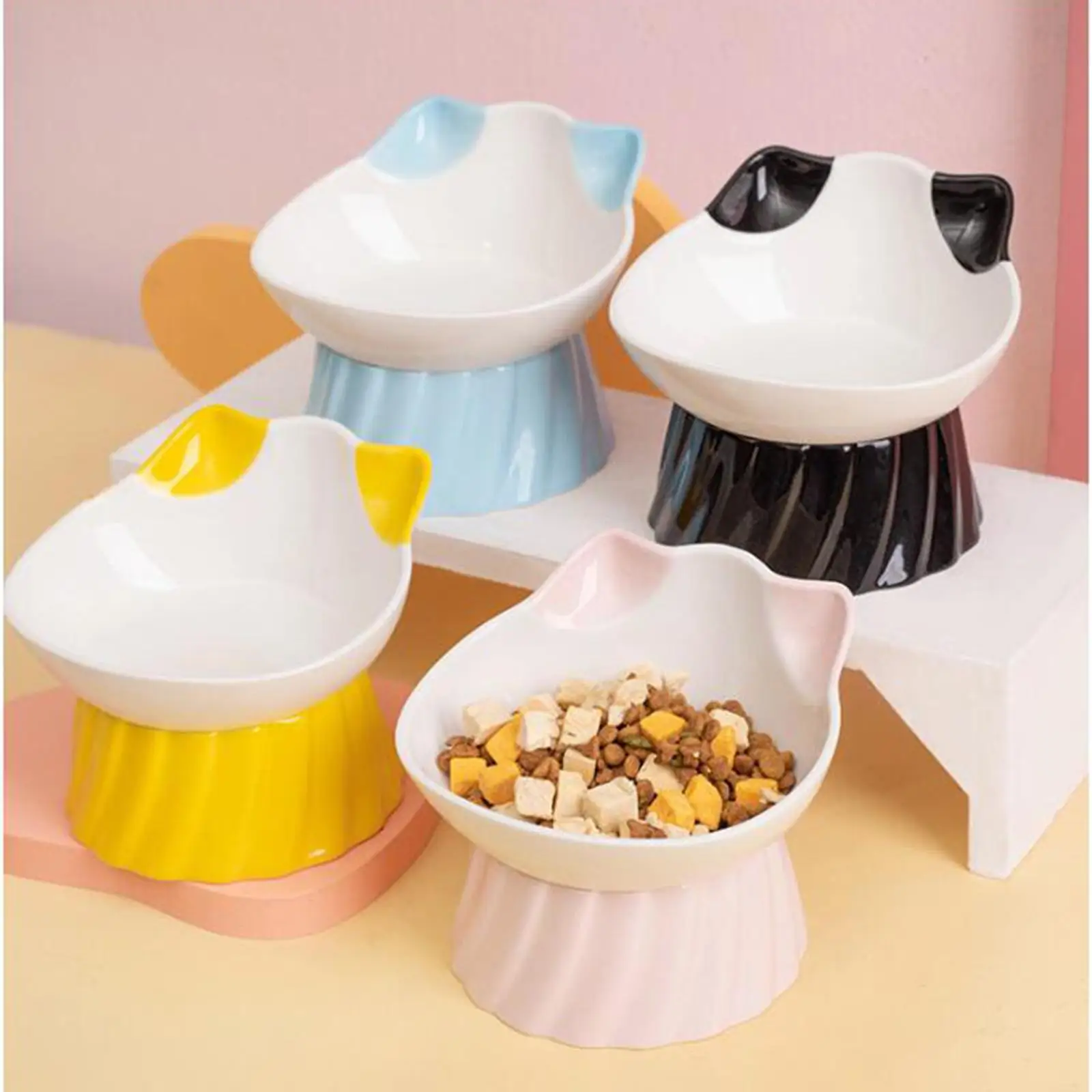 Ceramic Cat Bowl Tilt Stable Large Capacity Non Slip Dispenser Elevated High Foot Raised Cat Dishes Bowls for Kittens Travel