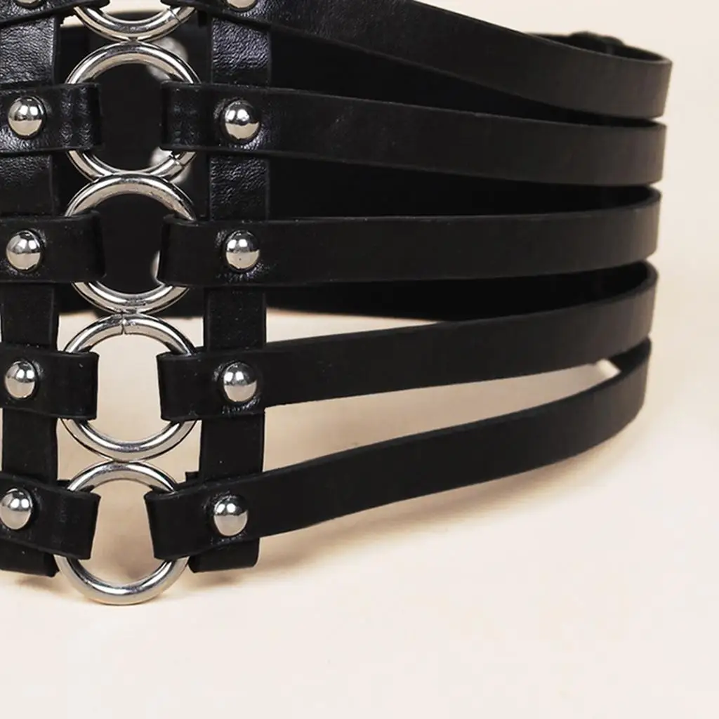 Vintage Studded Leather Wide Waist Belt Hollow Out Corset for Women