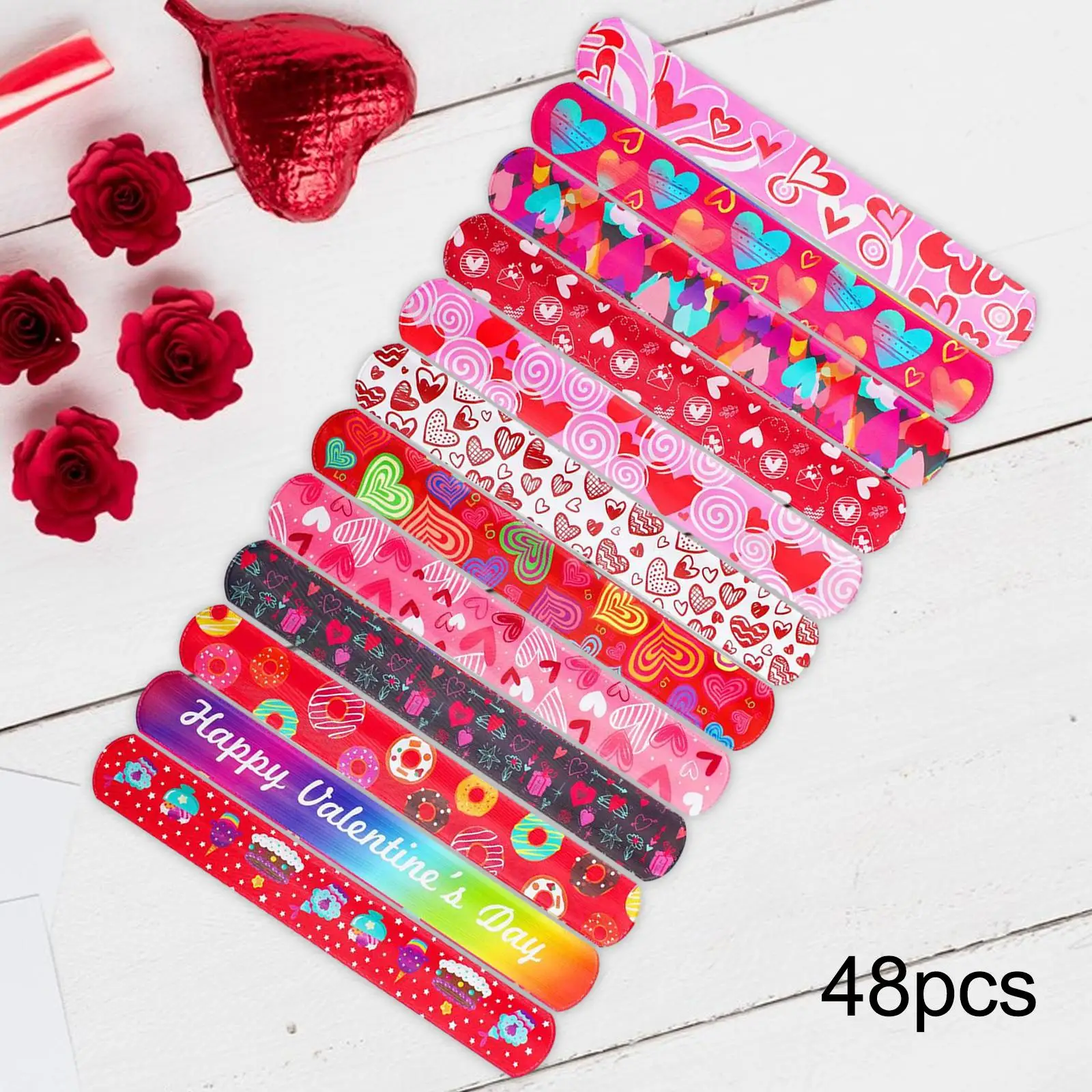 48x Valentine`s Day Slap Bracelets Colorful Heart Design 22cm Gift Exchange Clapping Circle Bracelet for Kids Adults Girls Boys