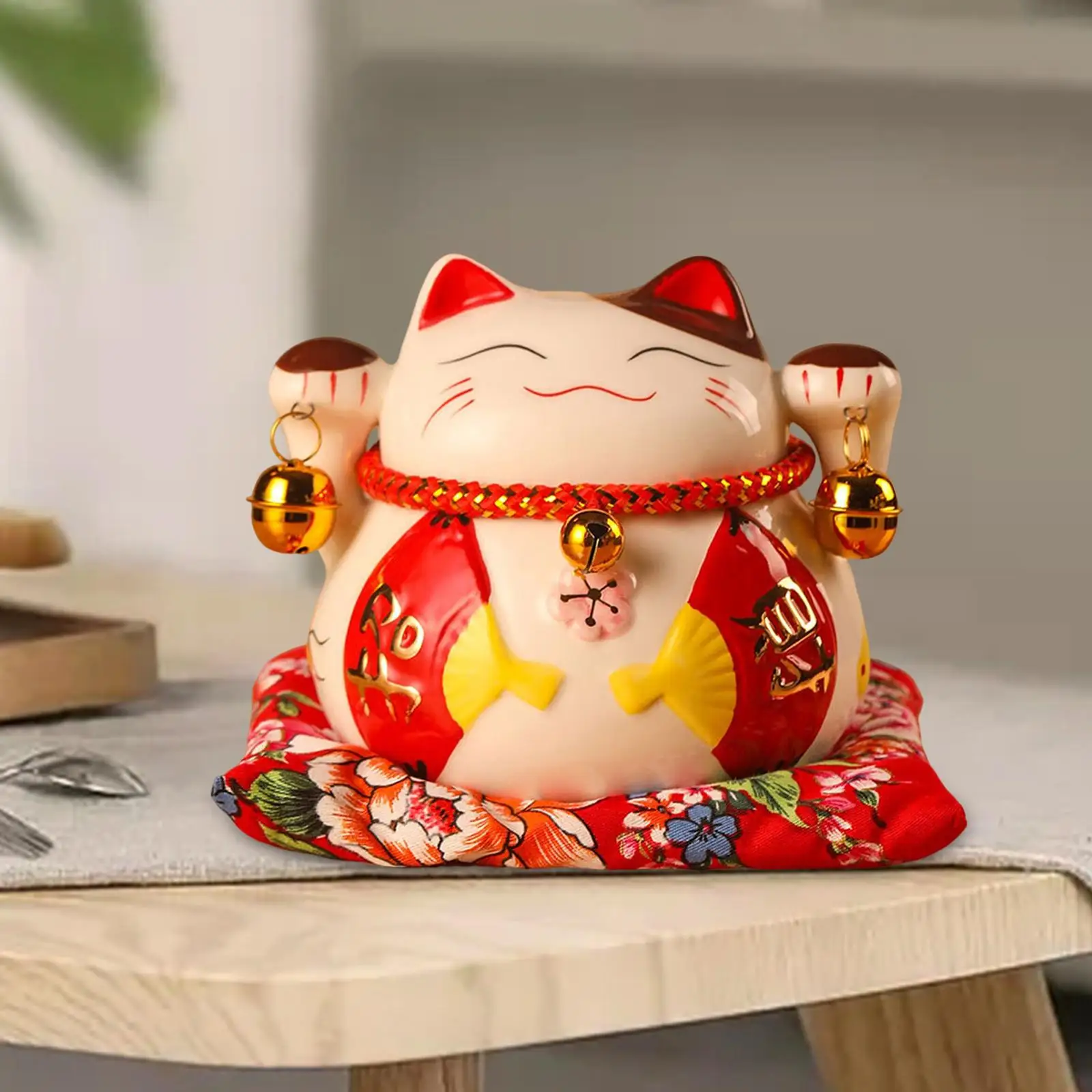 Lucky Cat Money Bank Animal Statue Porcelain Ornament for Desk Bedroom Decor