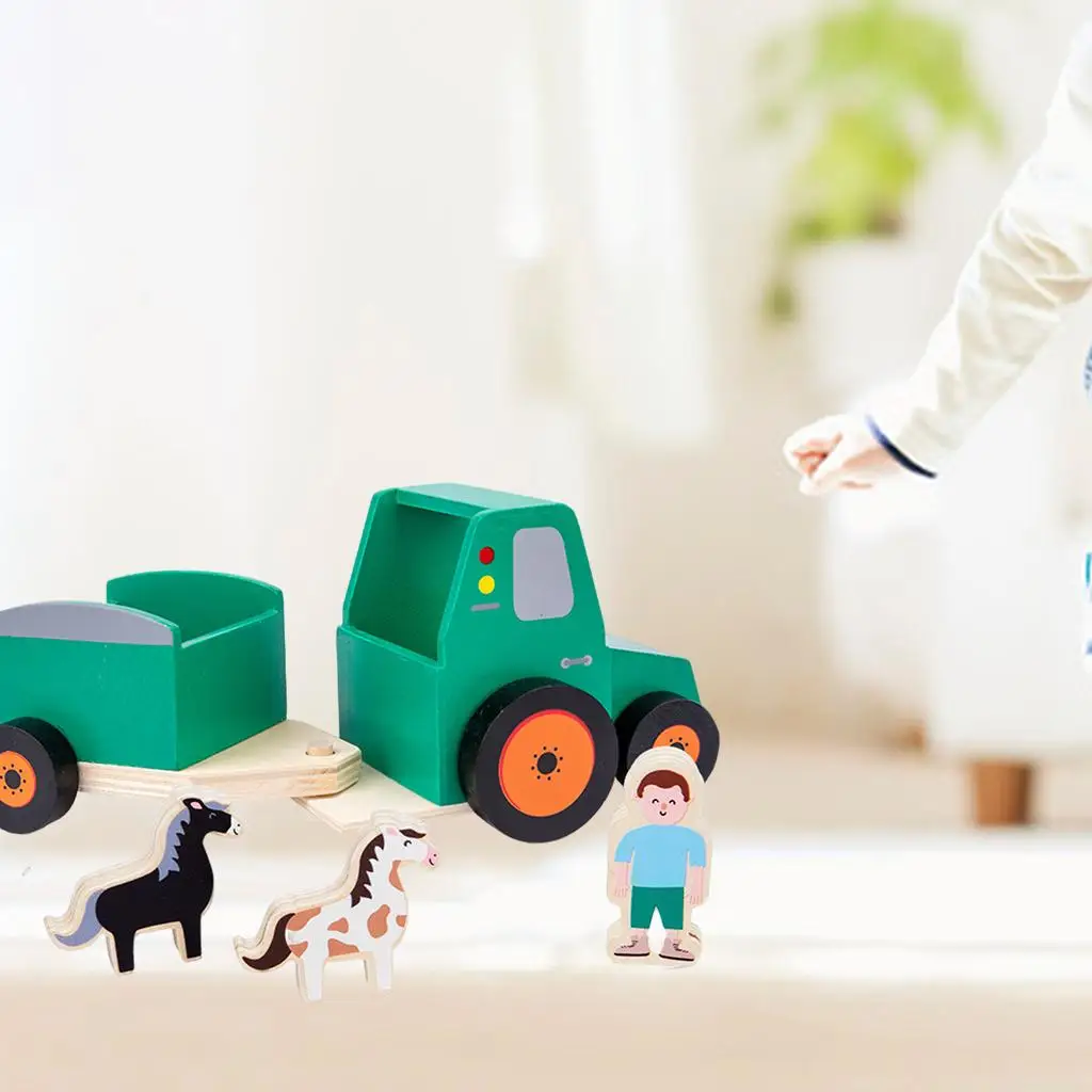 Crafts Wooden Car Trailer with Driver & Horse Montessori Toys Game Gift
