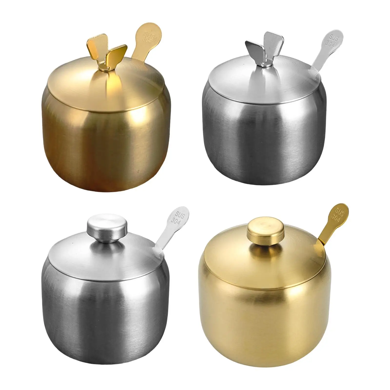 Stainless Steel Seasoning Box Kitchen Utensil Condiment Jar Spice Pots with Lid and Spoon for Pepper