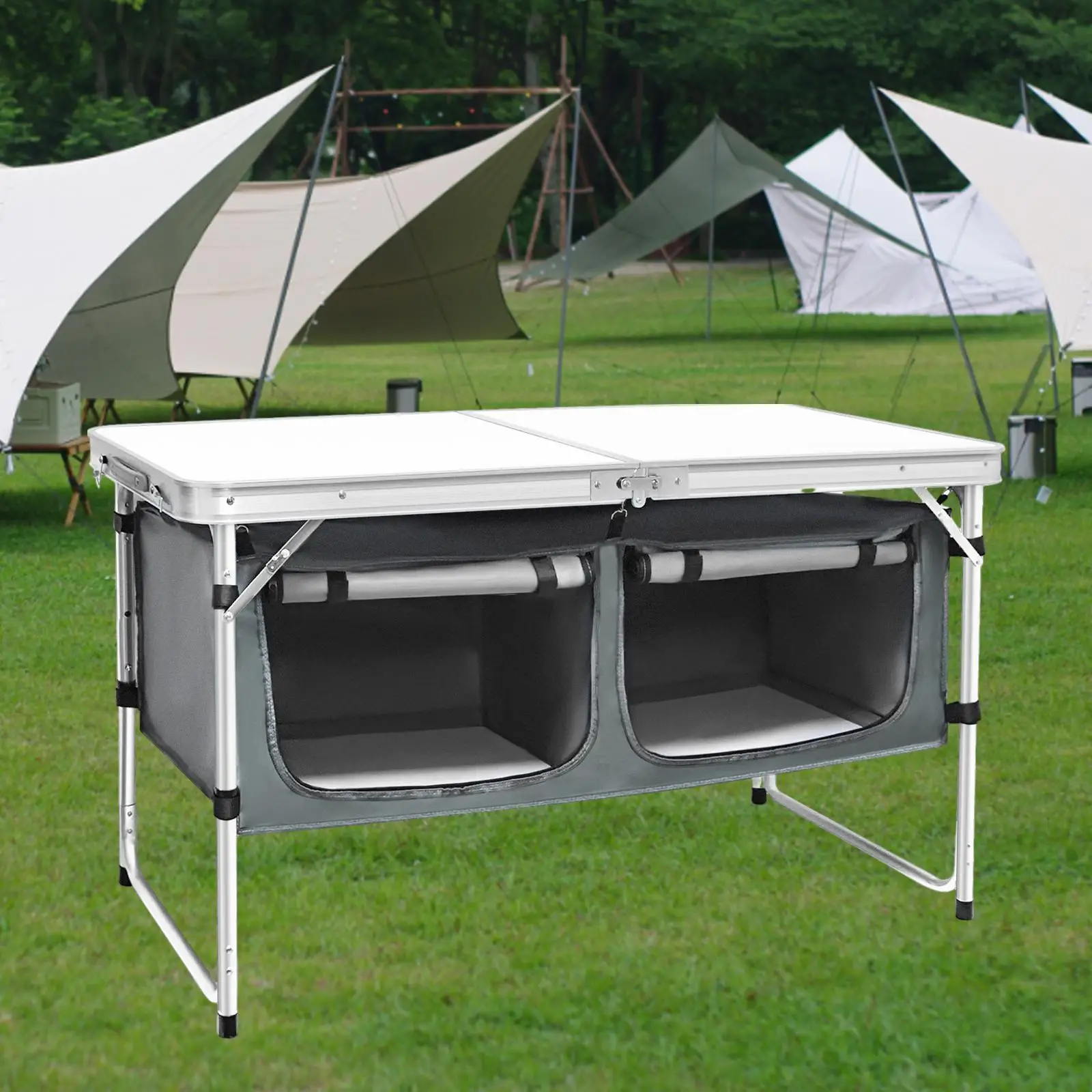 Folding Camping Picnic Table with Storage Compartment Sturdy Easy Carry with Adjustable Legs Lightweight Folding Outdoor Table