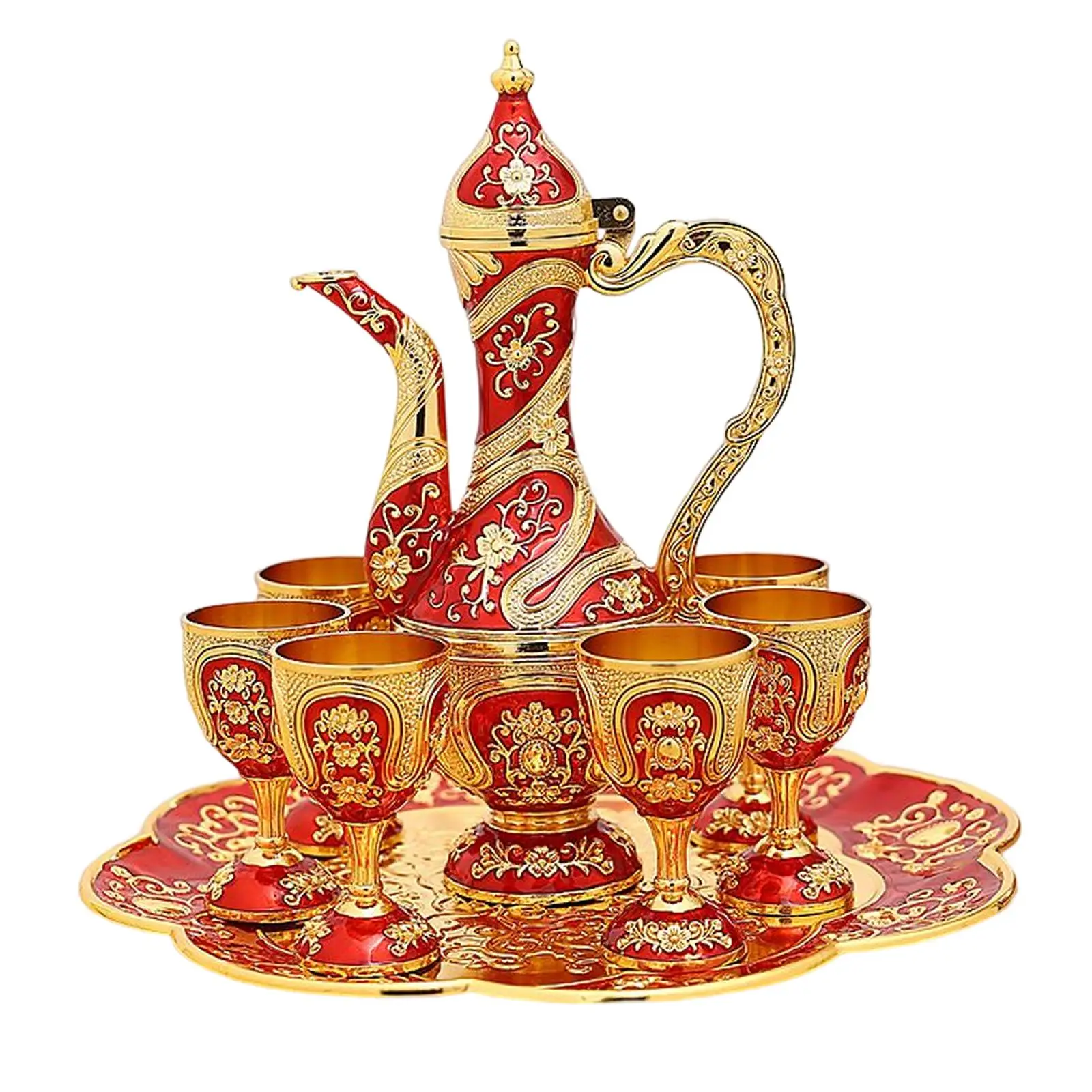 Vintage Turkish Coffee Pot Set Art Crafts Tea Sets with 6 Coffee Cups Crafts Tea Tray Teapot for Ornaments