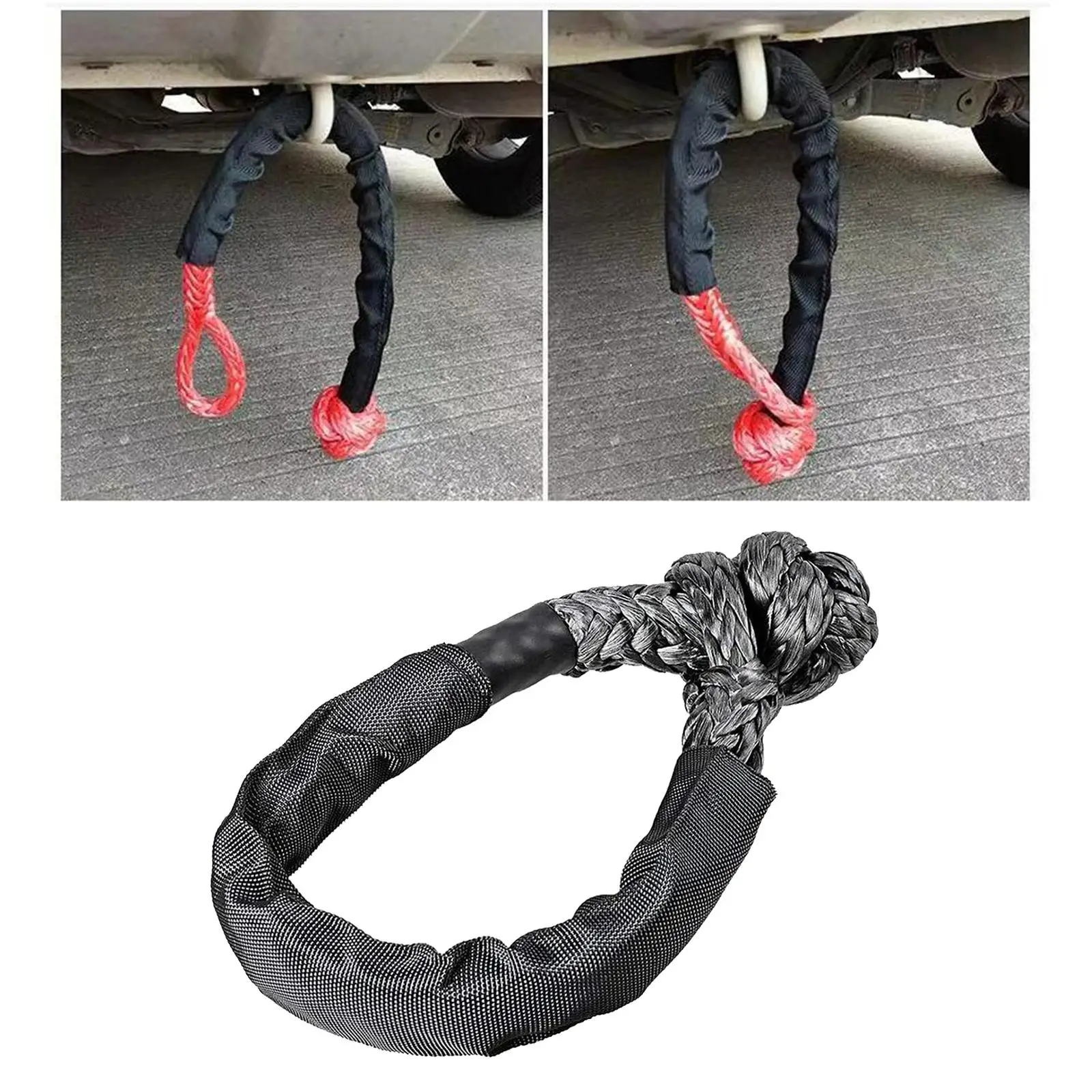 Car Tow Rope Shackle w/Winch Snatch  Ring, Synthetic  Rope Truck Emergency Traction Rope w/Protective Sleeve, Breaking Strength