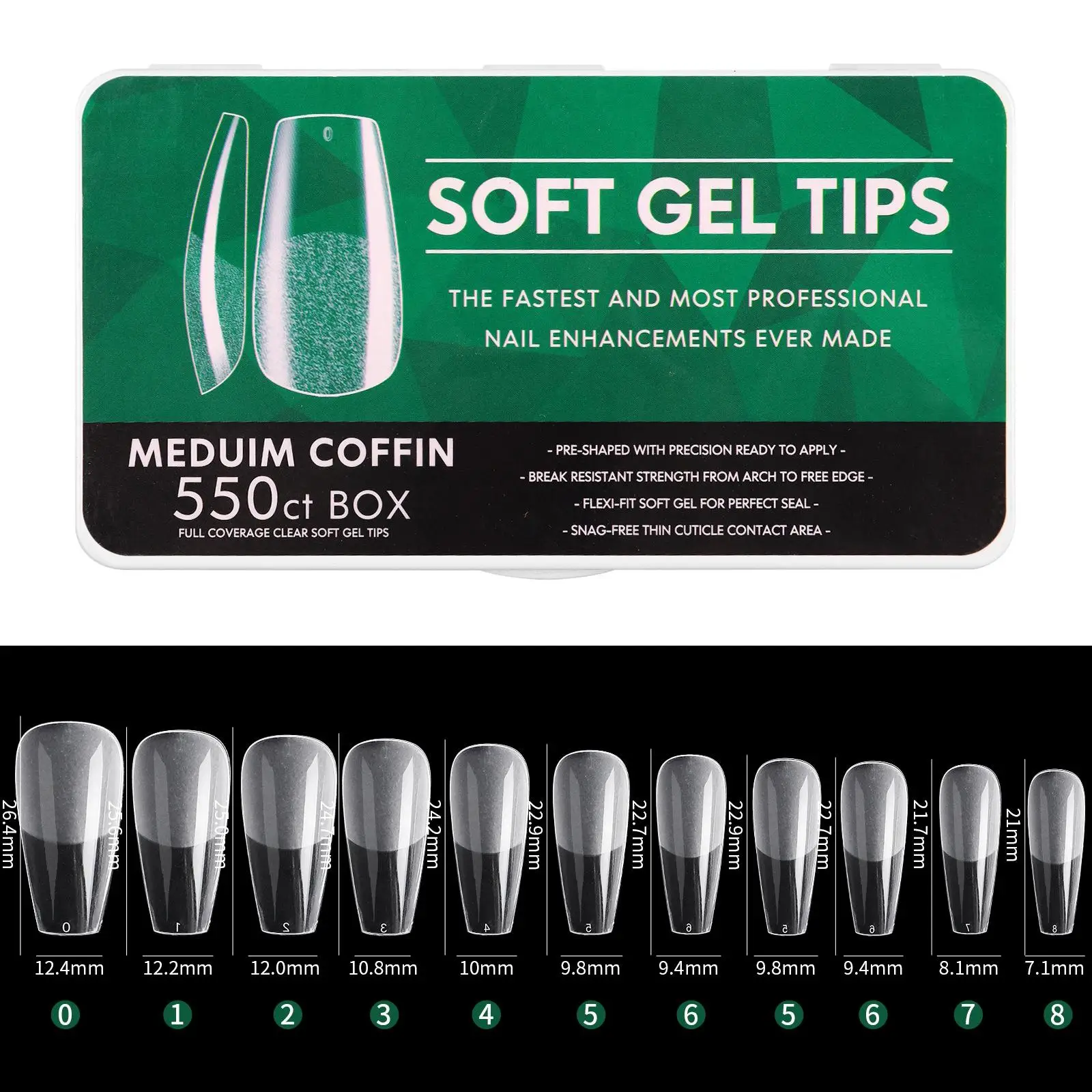 550x Full Cover False Nail Tips Different Sizes Transparent for DIY Finger
