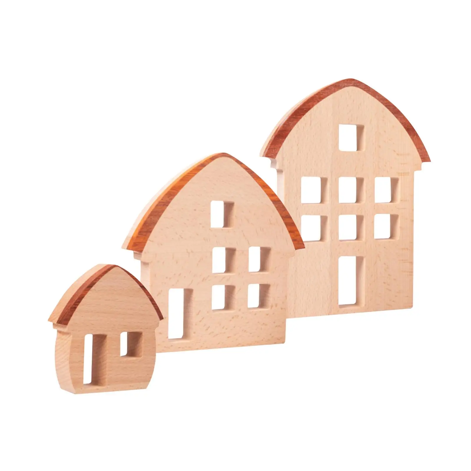 3 Pieces Wood House Blocks Sensory Toy Ornament for Kids Preschool Bookcase