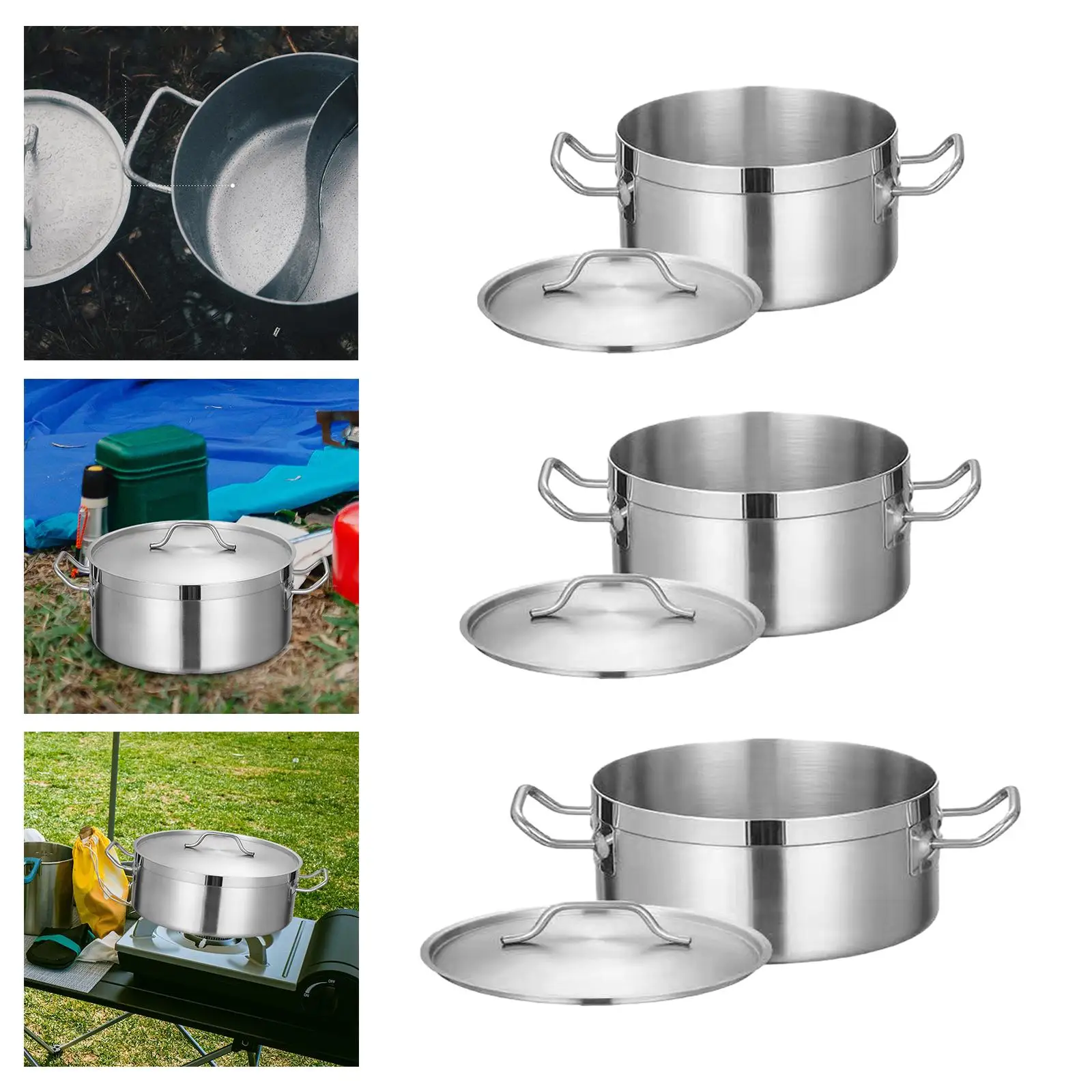 Stainless Steel Stockpot with Lid Heavy Duty Small Double Handles Induction Pot for Commercial Outdoor Kitchen Camping Household