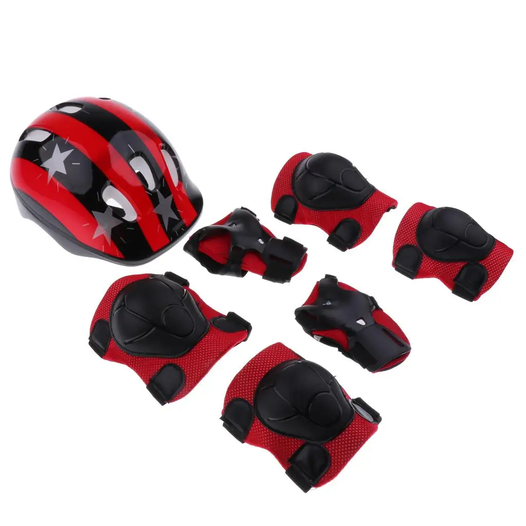 7 Pieces Kids Children Multicolored Roller Skating Scooter Bicycle Helmet Knee Elbow Wrist  Protective Gears  M