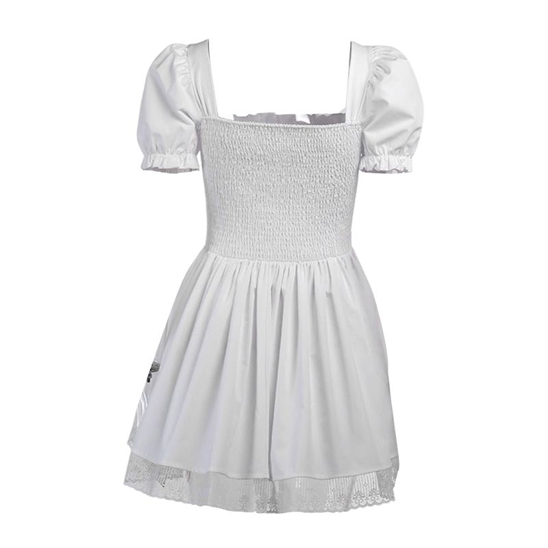 Süßes A-Linien-Kleid mit Puffärmeln für Damen, Sommer, Fairycore, Lolita, einfarbig, Bandage, Spitzenbesatz, kurze Kleider für Halloween-Party – Detail 4
