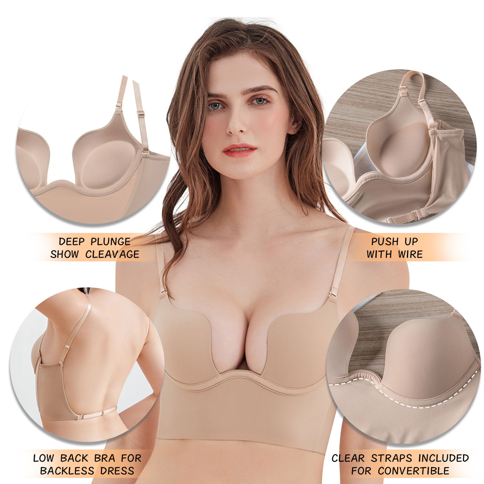 Women'S Low Back Bra Wire Lifting Deep U Shaped Backless Bra Women Seamless Bra Sexy No Wire Push Up Underwear Girls Students