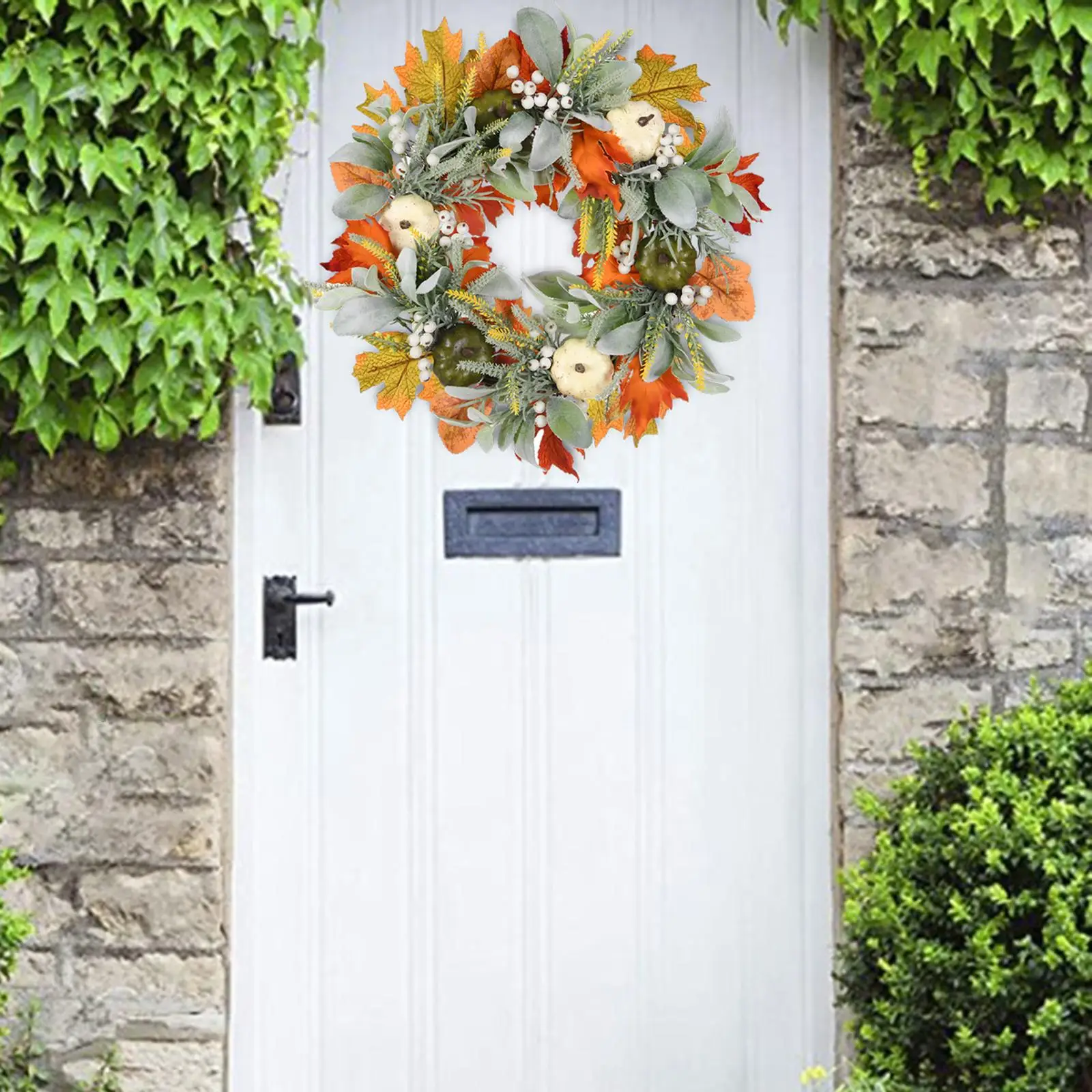 Harvest Wreath with Pumpkin Leaves 17.72`` Farmhouse Garland Halloween Wreath for Porch Home Thanksgiving Celebration Decoration